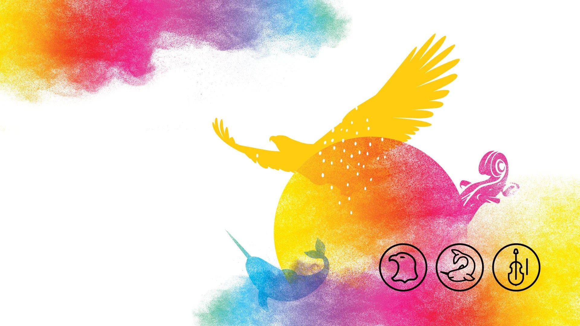 An image commemorating National Indigenous History Month featuring a narwahl, a violin and an eagle.