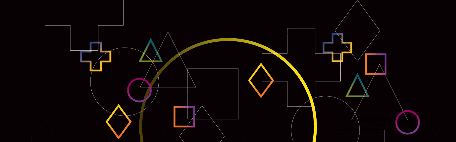 Floating geometric shapes.