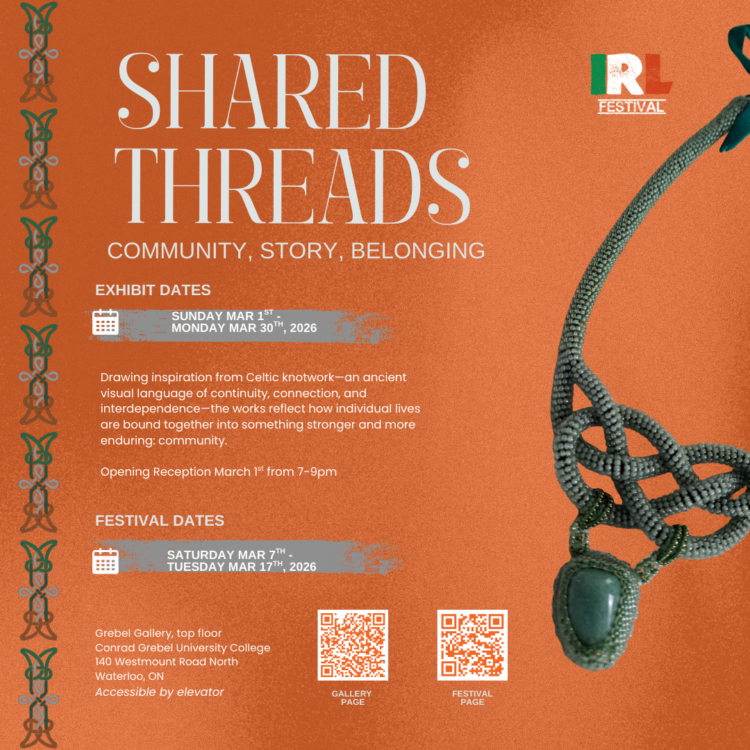 A poster with a beaded necklace promoting shared threads exhibit.