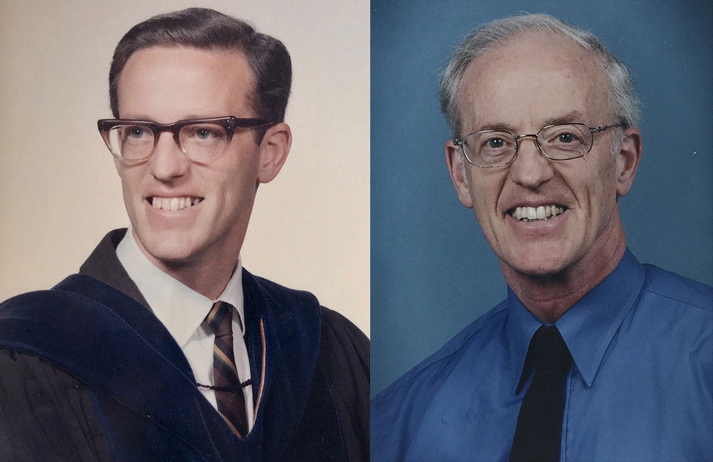John North as a young man early in his career juxtaposed with a more recent picture of him.