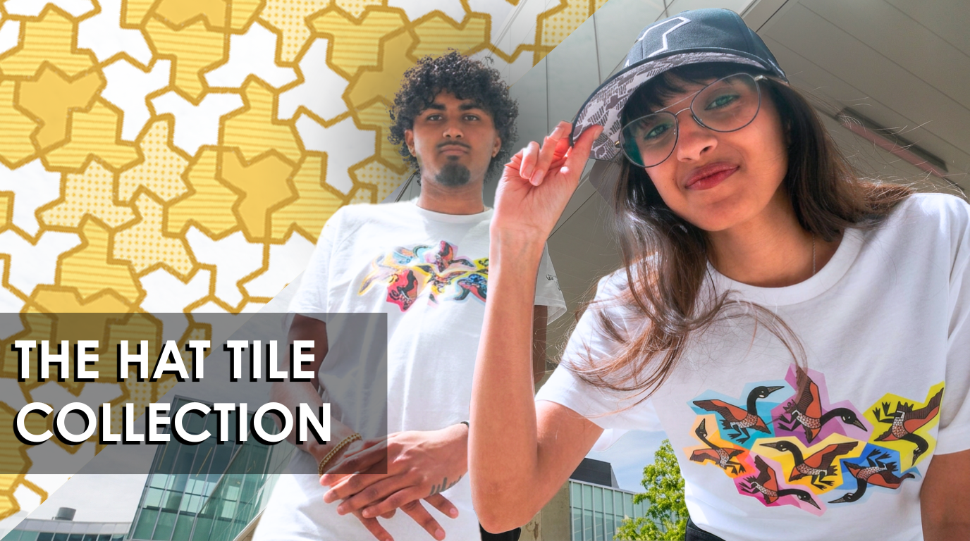 Two young adults model graphic apparel from “The Hat Tile Collection,” including printed white T-shirts and a patterned cap, posed outdoors in front of a modern building with a geometric gold tile background design and promotional text overlay. 