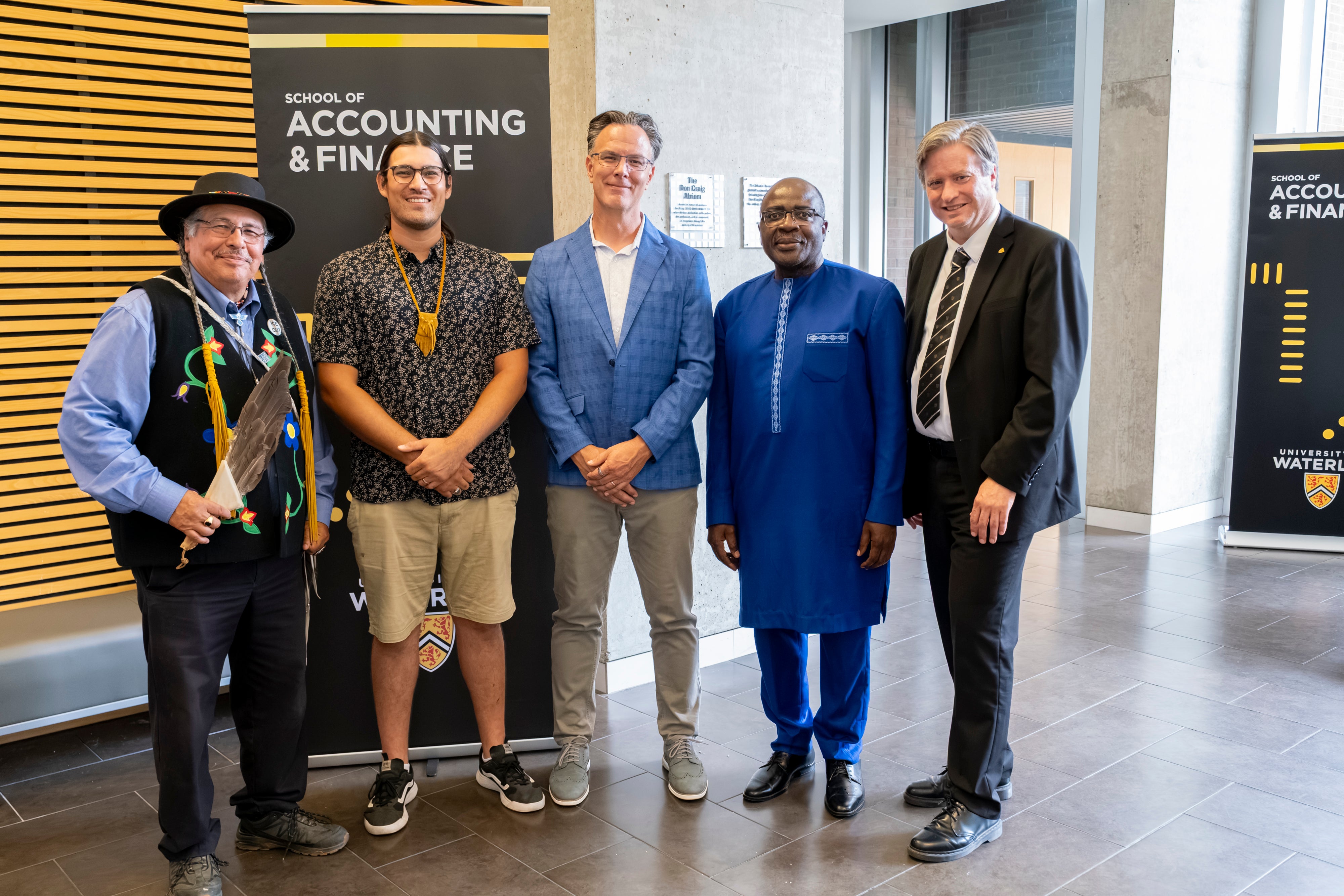 Dr. Bill Rosehart, President and Vice-Chancellor, took part in the ceremony, alongside Elder Myeengun Henry, Indigenous Knowledge Keeper; Dr. Alexie Tcheuyap, Dean of Arts; Dr. Blake Phillips, Director of the School of Accounting and Finance