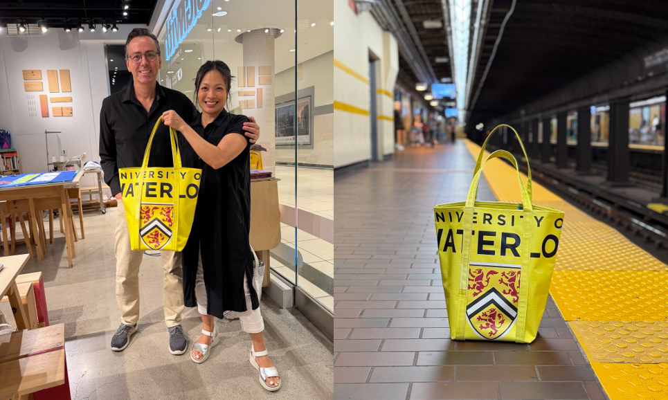 bag made from UWaterloo branded street banners