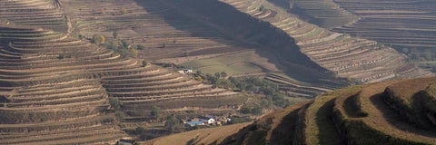 A terraced mountainside with houses at the bottom of the valley.