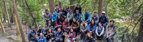 Students gather for a group shot at the Elora Gorge first-year mixer. 