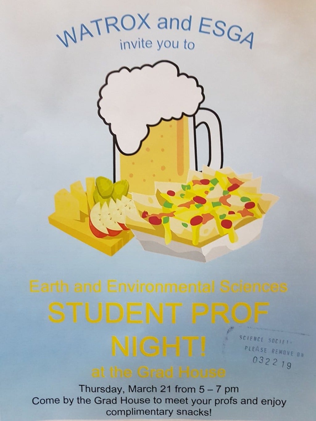 Earth Science student prof night march 21st 5-7 pm at the Grad House