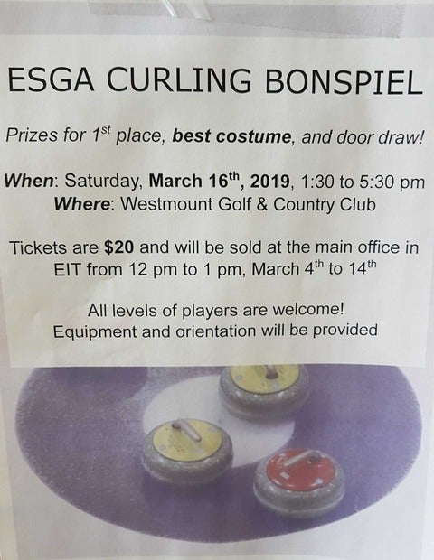 ESGA Curling Bonspiel March 16th 1:30-5:30 pm. Prize for best costume.