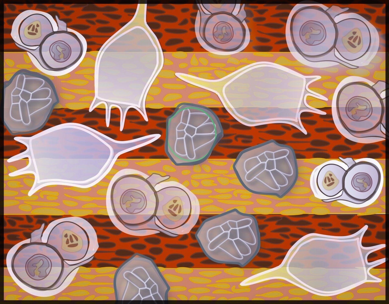 Illustration of small organism fossils on top of layers of rock