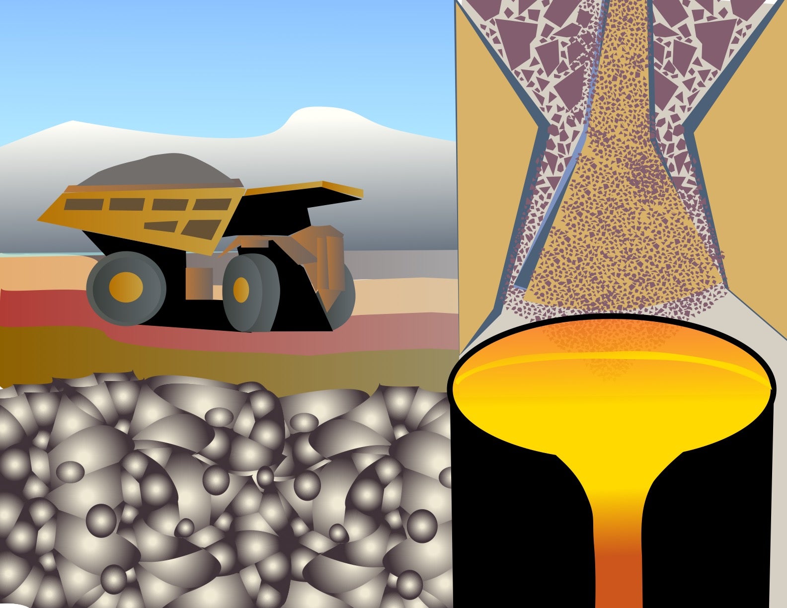 Illustration of a dump truck holding grey rocky material, beside images of rocky materials and geological formations