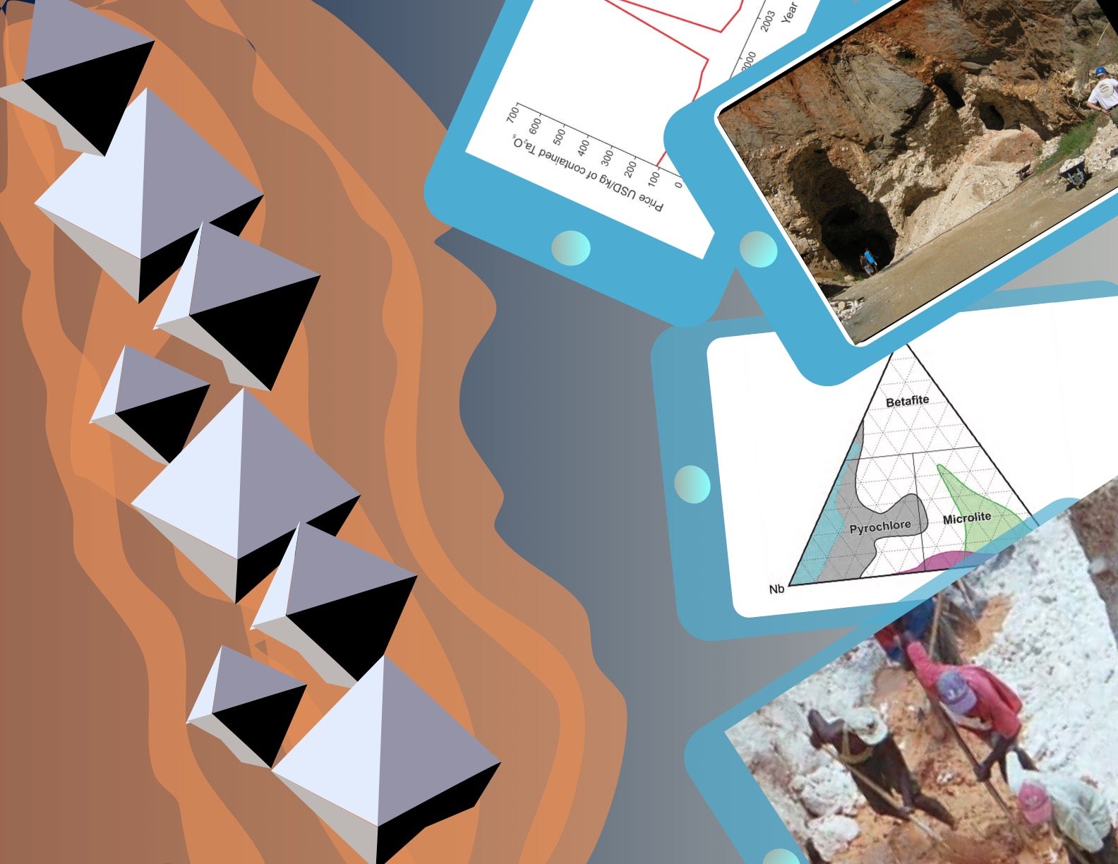 Illustration of octahedrons sticking out of a rock, with photos of researchers beside it