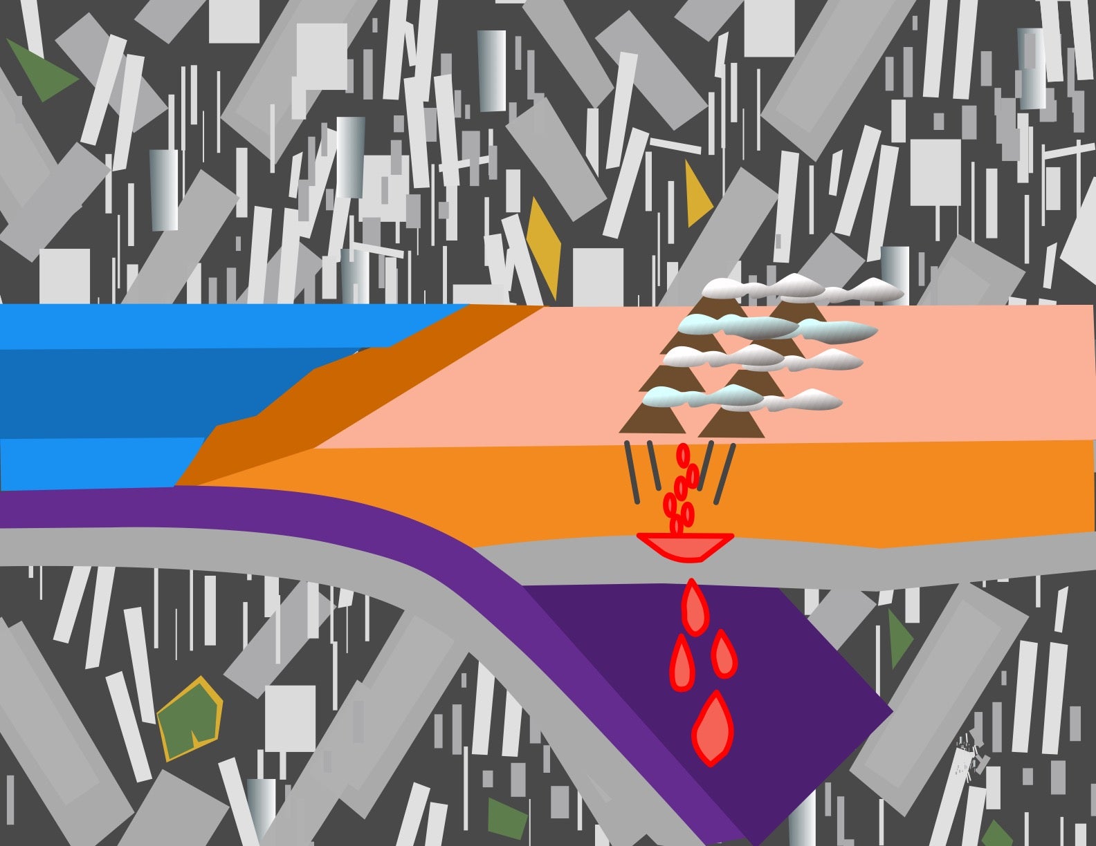 Illustration of subduction zone of two techtonic plates