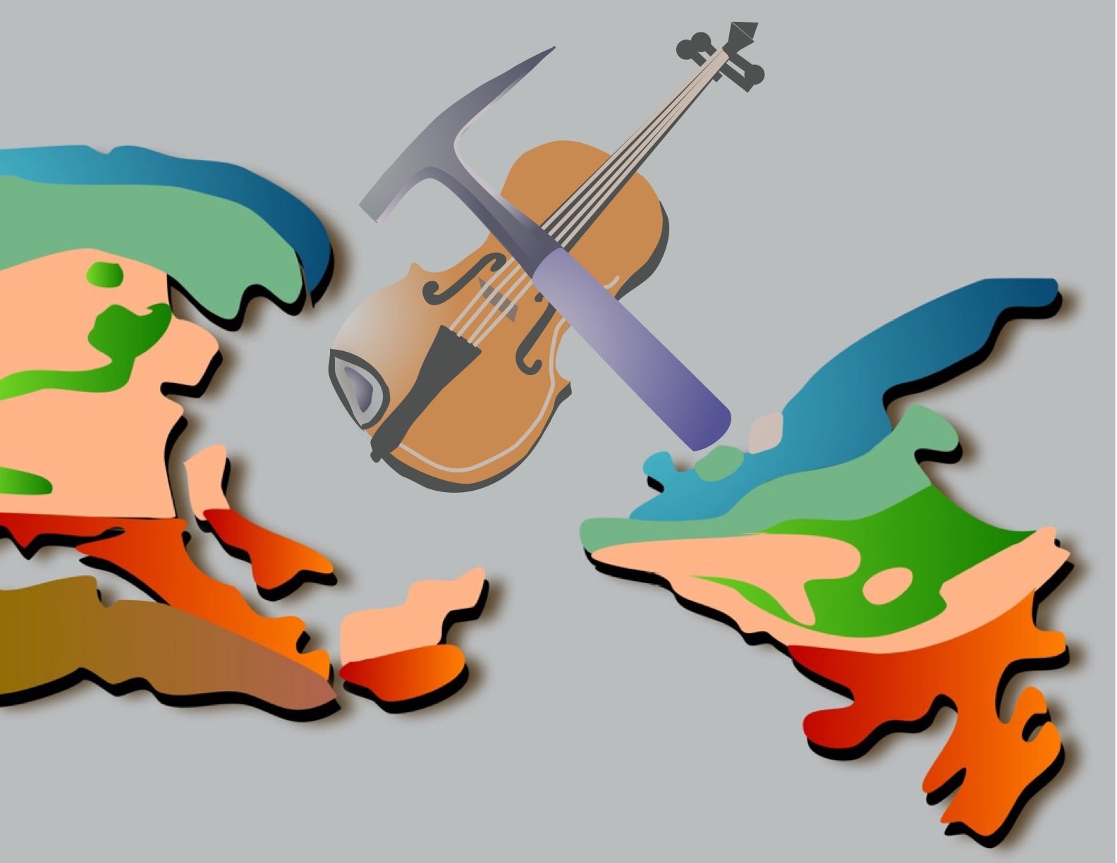 Illustration of Newfoundland and Laborador topopgraphy with a fiddle and rock hammer bow