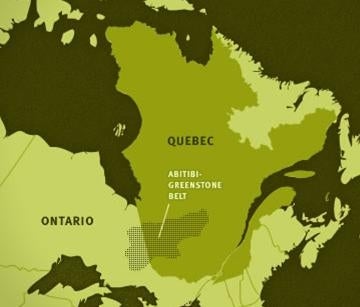 Map showing the location of the relatively large Abitibi Greenstone Belt - the Timmins mines - straddling the border of Quebec and Ontario.