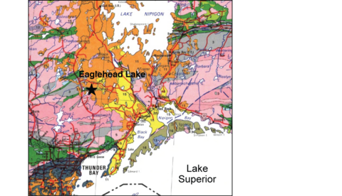 Geological map of the area northwest of Lake Superior. More information in the text.