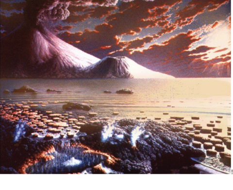 Artist's conception of Lake Superior in the Proterozoic showing a volcanic landscape with stromatolites doting the shoreline.