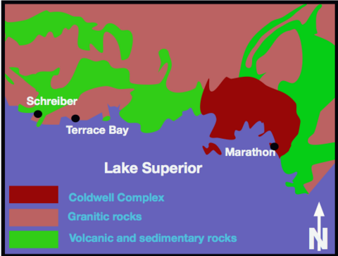 Location of the Coldwell Complex near the town of Marathon along the shore of Lake Superior