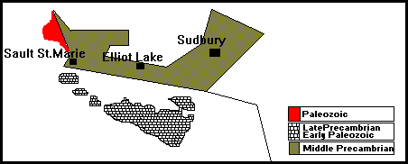 A map of Elliot lake showing where Paleozoic, Late Precambrian, Early Paleozoic and Middle Precambrian formations can be found.