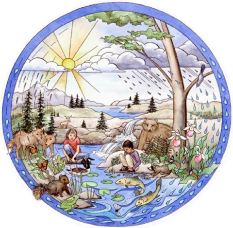 A circular drawing illustrating the water cycle with animals and two children by a pond.