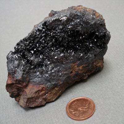 Horneblende next to a penny for size comparison