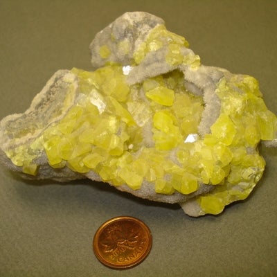 Sulphur next to a penny for size comparison