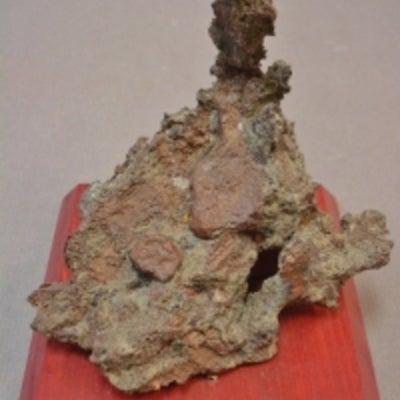 Native Copper mounted on a wood base with a label