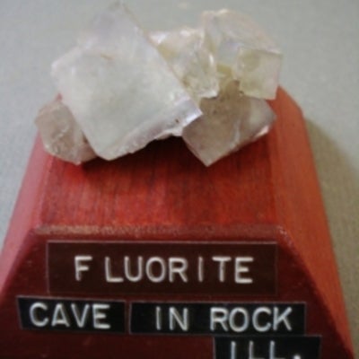 Fluorite mounted on a wood base with a label