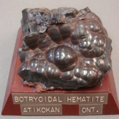 Botryoidal Hematite mounted on a wood base with a label
