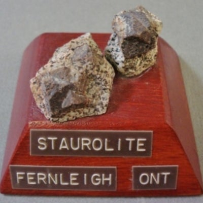 2 pieces of Staurolite mounted on a wood base with a label