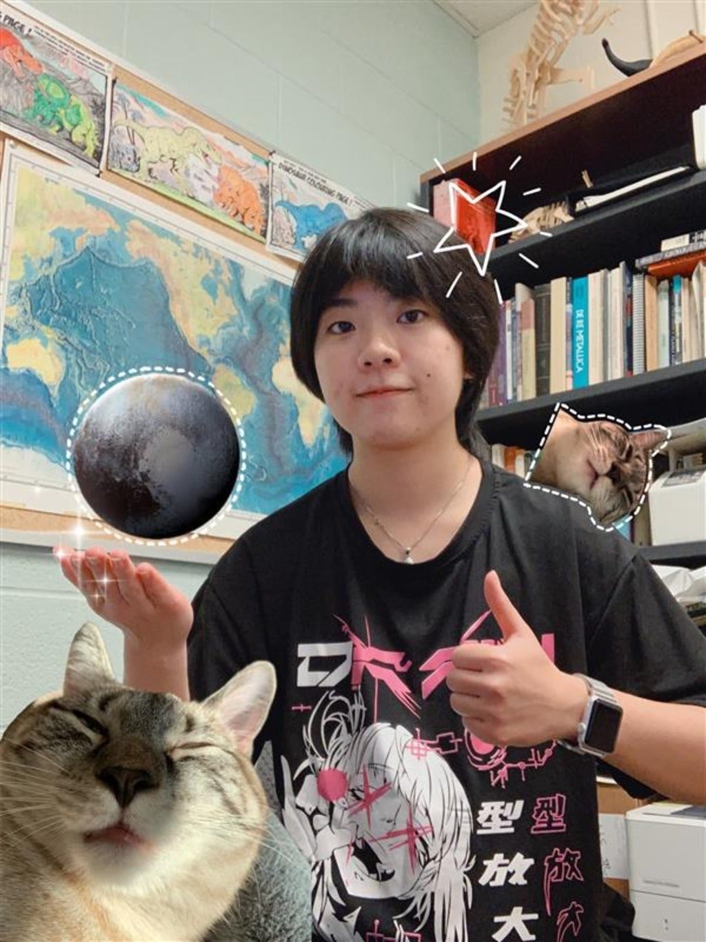 Pluto Jiang with cat and planet