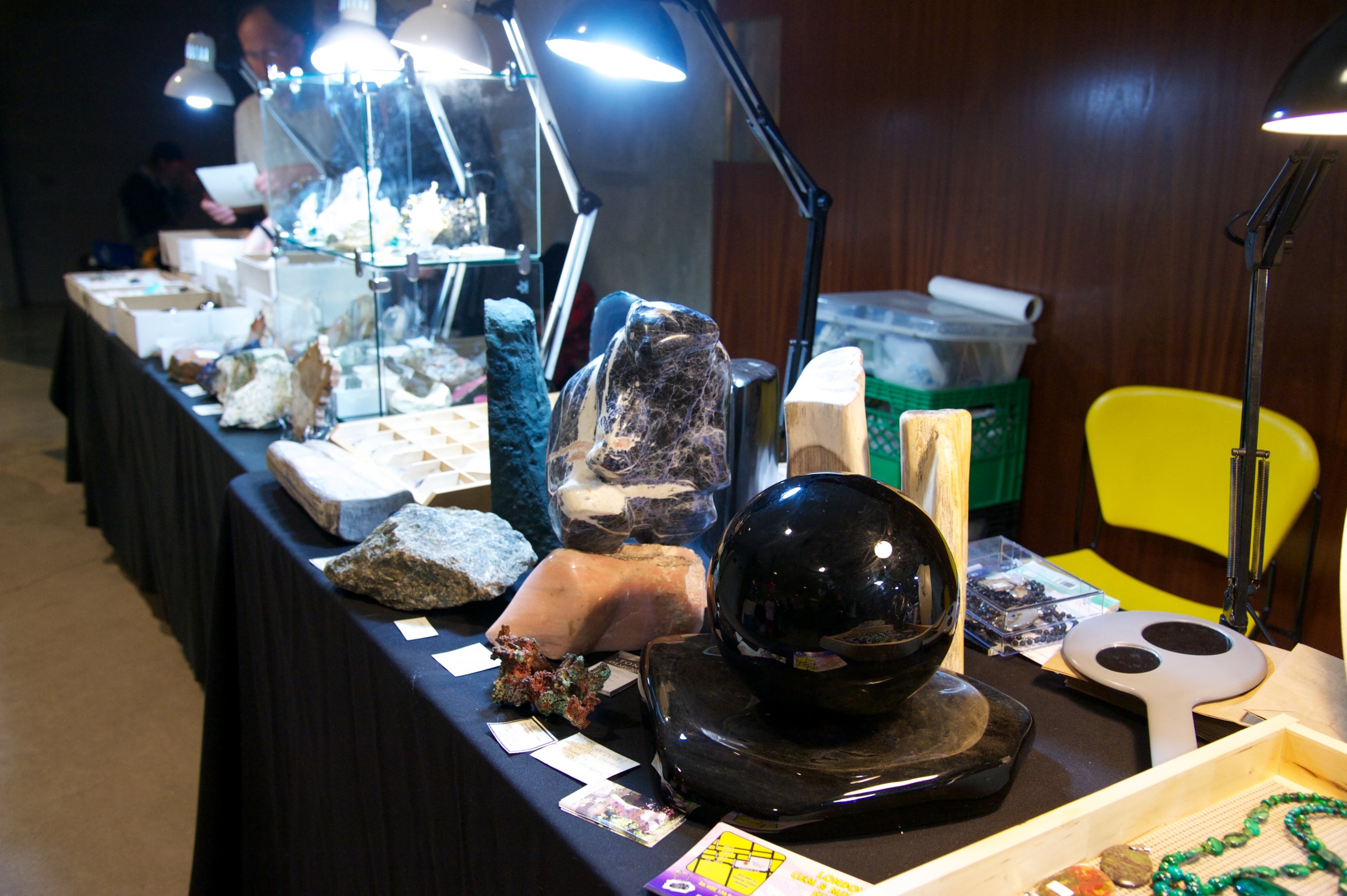 A gem vendor displaying his or her stock at the show.