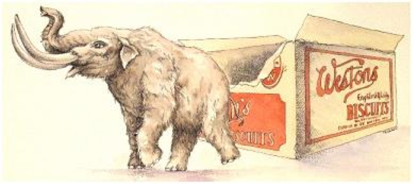 An turn-of-the-century advertisement with an illustration of a mastodon pulling a tin of Weston Biscuits.