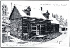 hand drawn black and white image of cottage with snow on roof in bancroft ontario