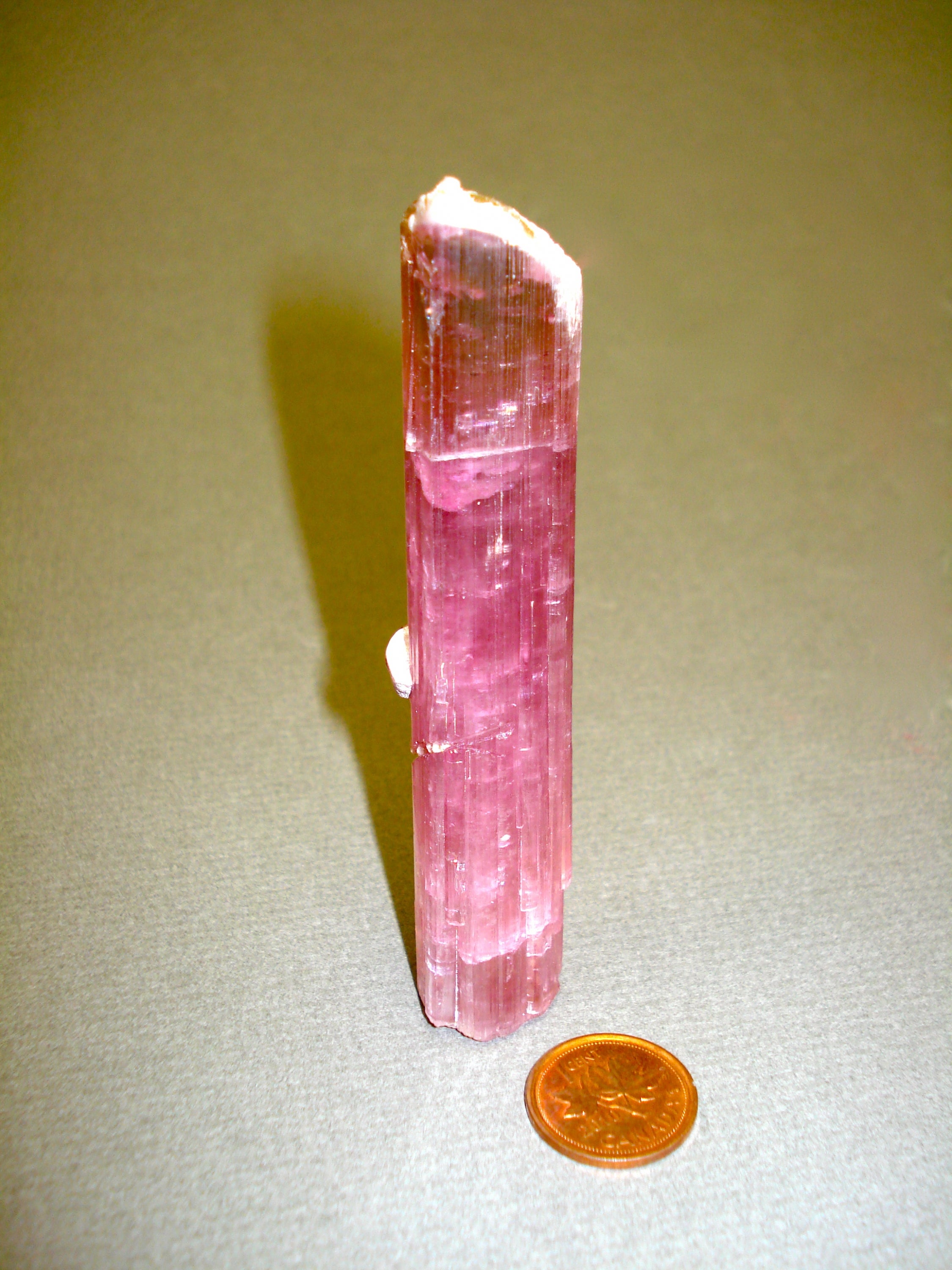 Rubellite Tourmaline Crystal next to a penny for size comparison