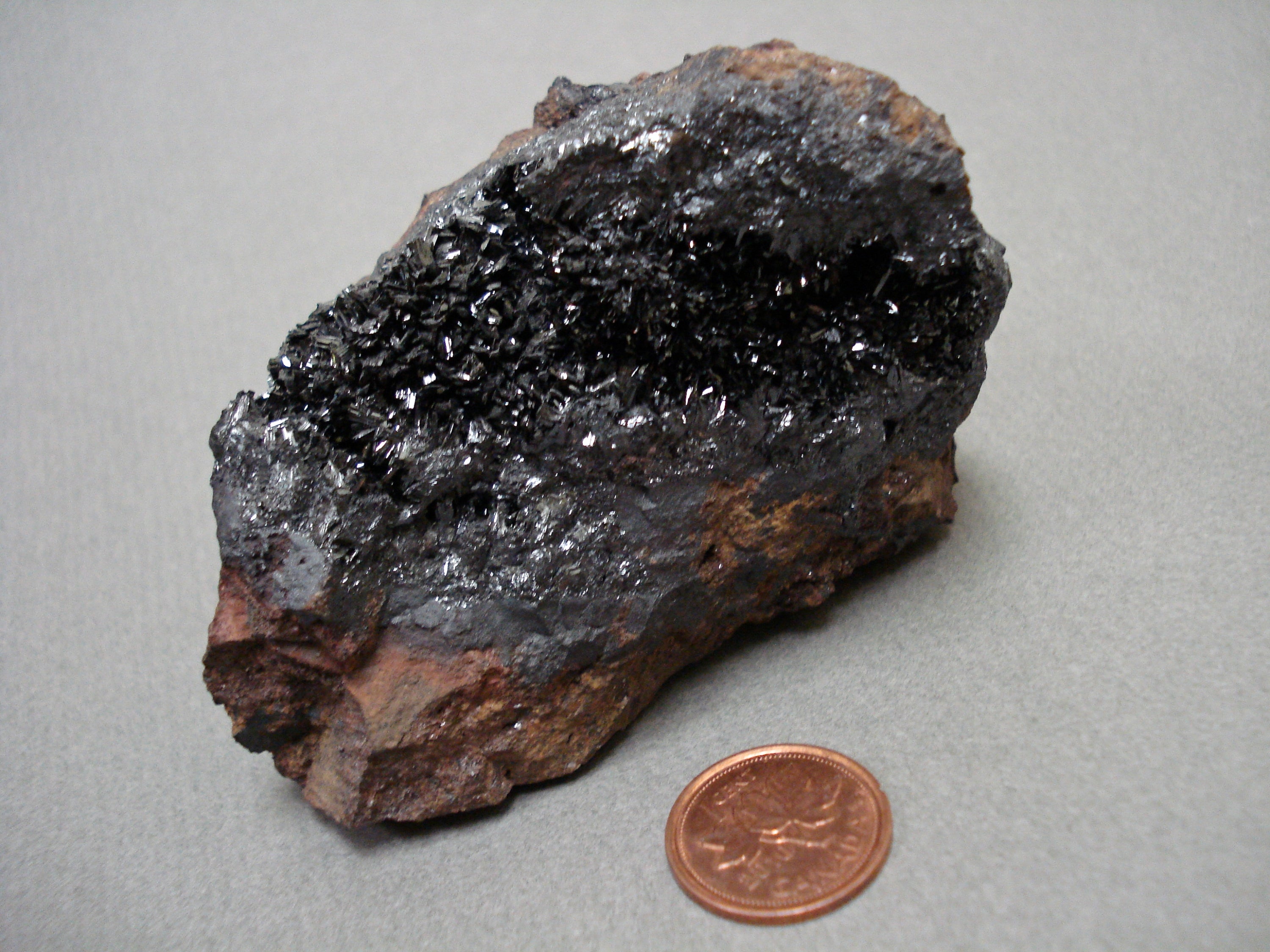 Horneblende next to a penny for size comparison
