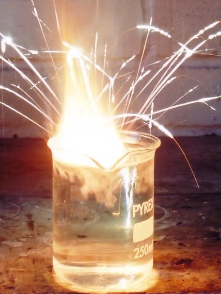 lithium reacting violently and producing sparks on top of water contained in a beaker