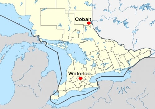 map of ontario showing point locations of cobalt and waterloo