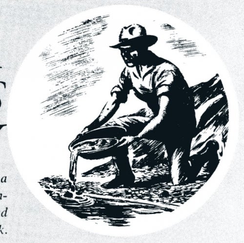 drawn image in black and white of man panning for gold 