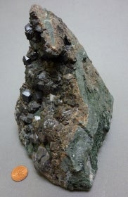 Andradite next to a penny for size comparison