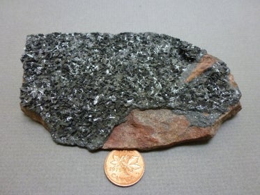 Magnetite next to a penny for size comparison.