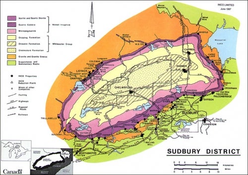 map showing shape of sudbury structure and exposed rock units in the structure