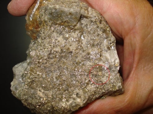 arsenopyrite specimen presented by person's hand