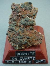 Bornite in quartz mounted on a wood base with a label