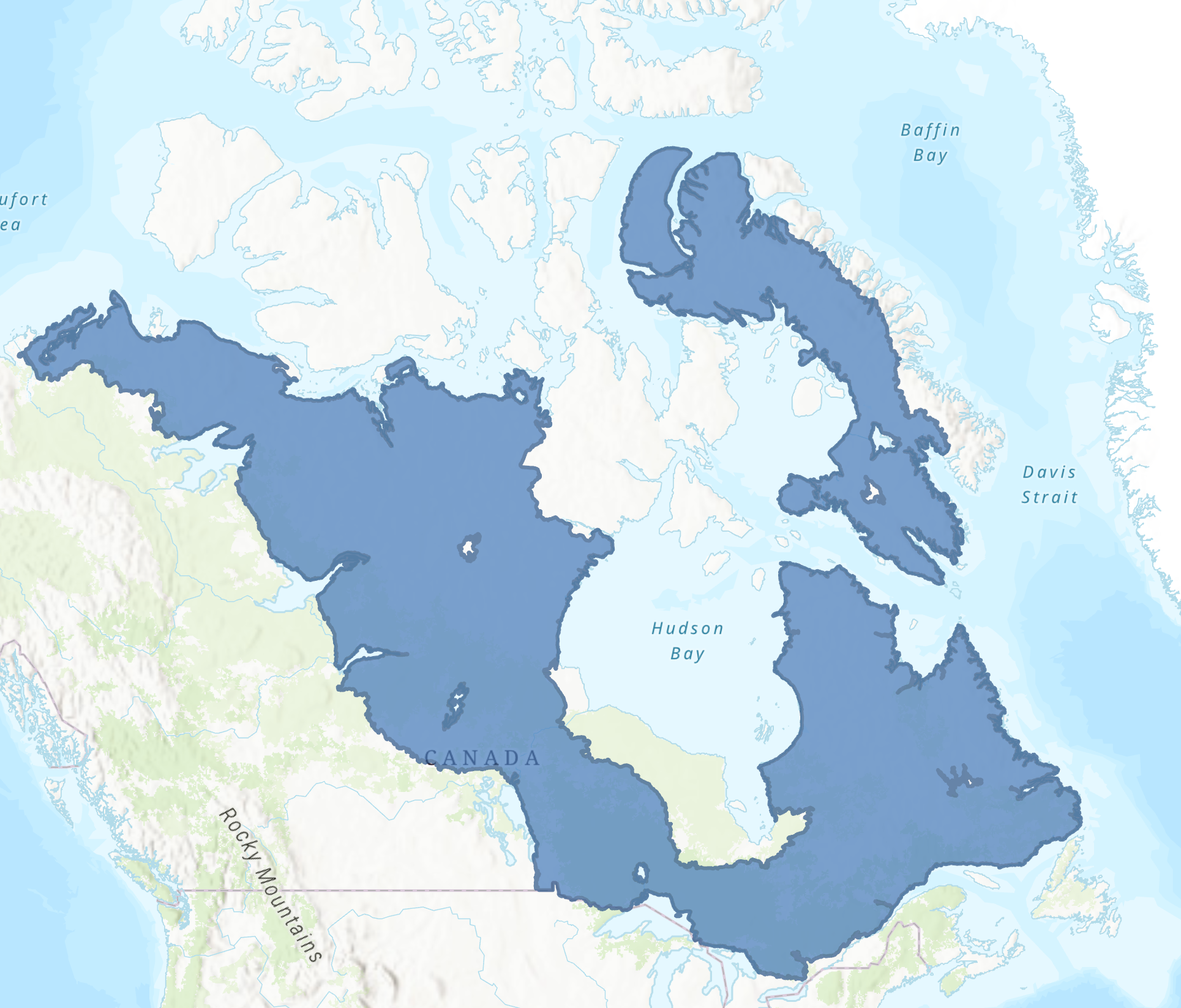 A map showing the extent of the Canadian Shield.