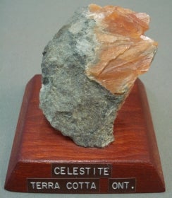 Celestite mounted on a wood base with a label