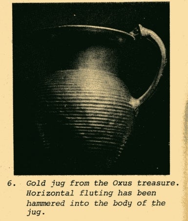 gold jug from the Oxus treasure with horizontal fluting detail that has been hammered in