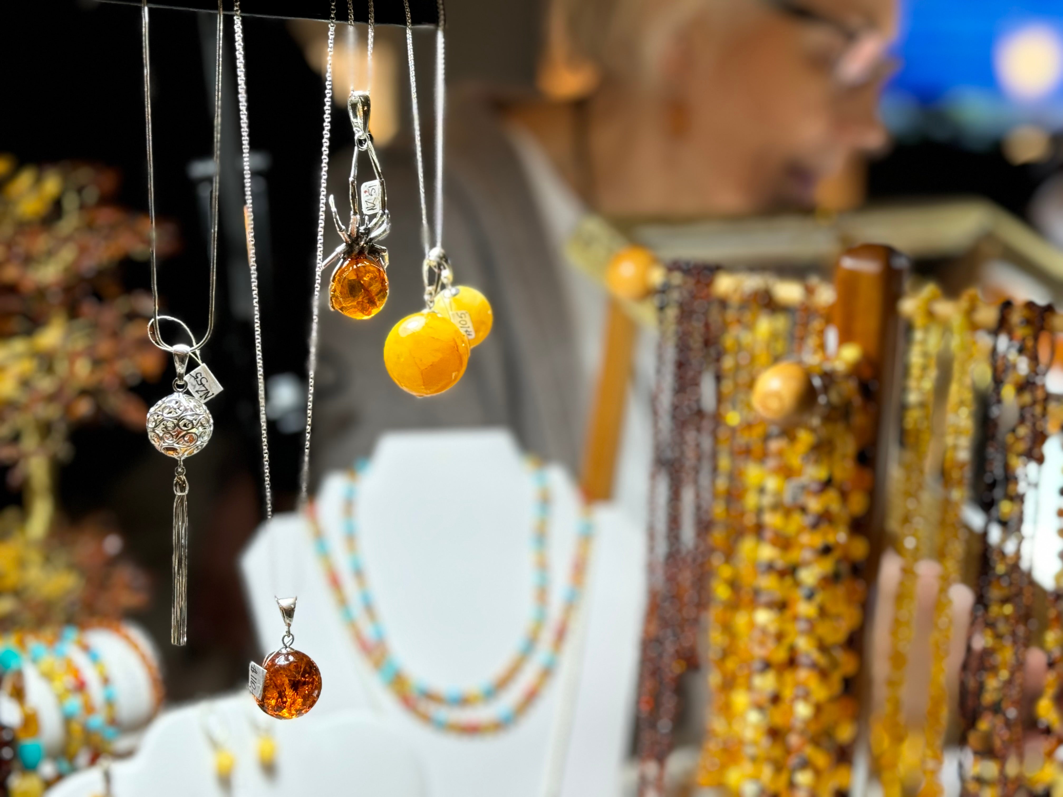 yellow beaded jewellery at gem and mineral show
