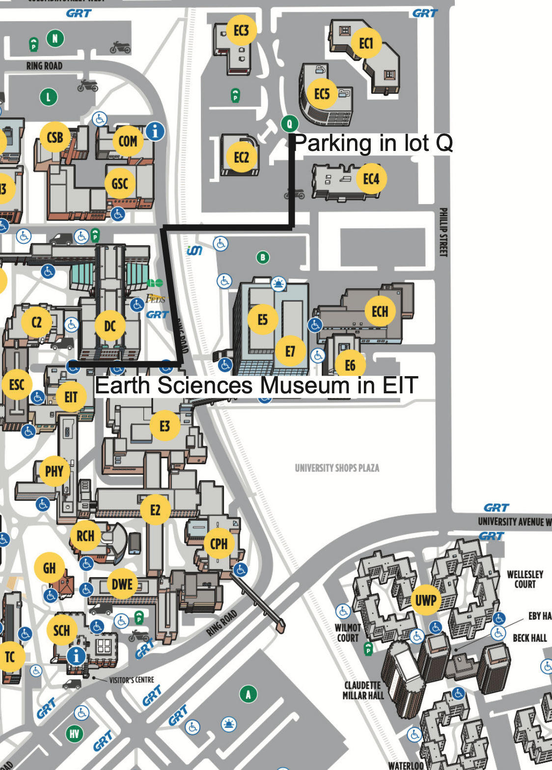 Map from parking lot Q to Earth Sciences Museum
