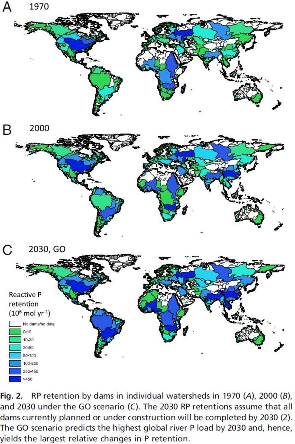 Reactive phosphorus (RP) retention by dams worldwide