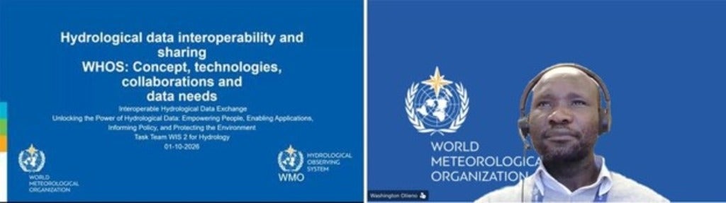 Webinar title slide and Washington Otieno from WMO on the right