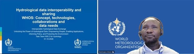 Webinar title slide and Washington Otieno from WMO on the right